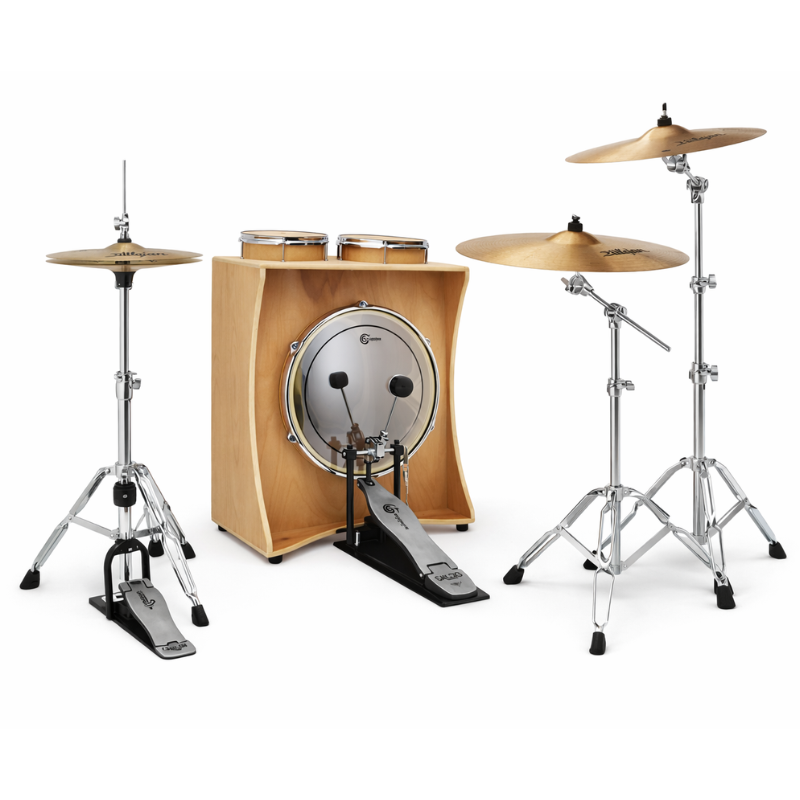 Drum set with cymbals and stands on a white background