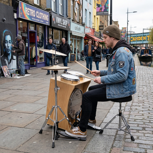Man playing a drum set on a street with shops and people in the background