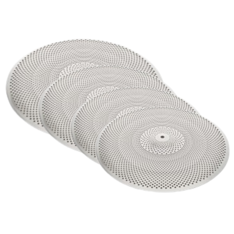 Set of four round white placemats with textured surface on a white background
