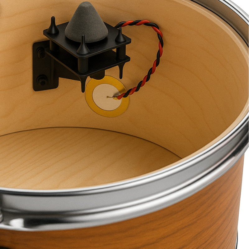 Acoustic to electronic drum conversion showing a drum trigger and sensor inside a drum shell.
