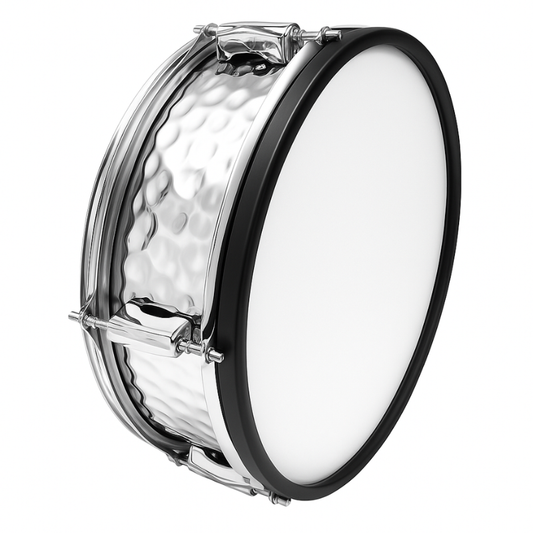 Snare drum with clear shell and white head on a white background