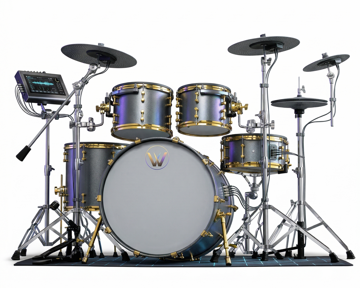 Drum set with cymbals and stands on a white background