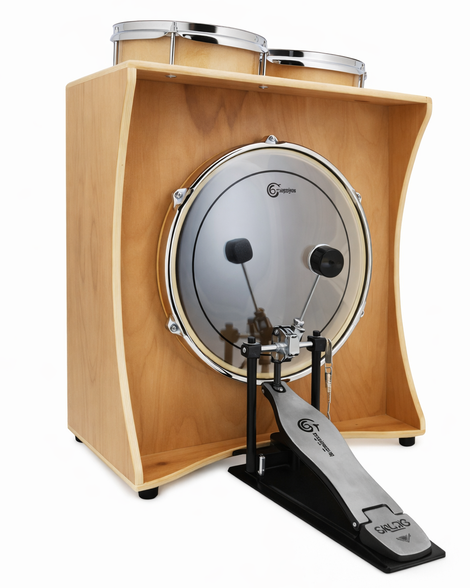 Drum practice pad with wooden enclosure and metal pedal on a white background