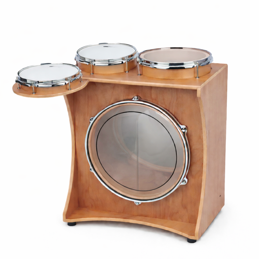 Wooden drum set with three drums on a white background
