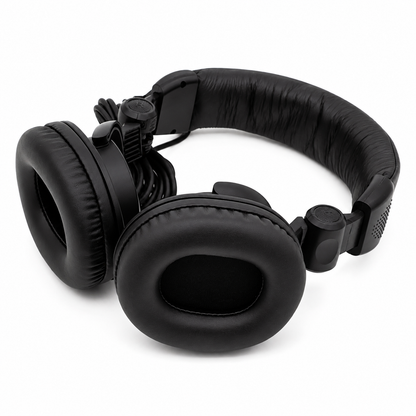 Black headphones on a white background