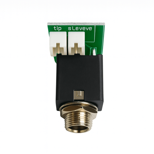 Electronic component with green circuit board and brass fitting on a white background