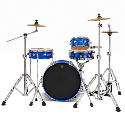 Portable drum set for touring - Rabbit Route Kit TDB-270 in celluloid blue with hardware and cymbals.