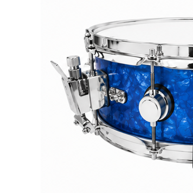 Close-up of the Rabbit Route Kit TDB-270 portable drum set for touring in blue celluloid finish.