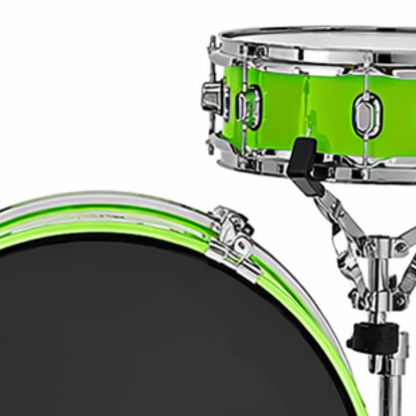 Close-up of a Portable Drum Set featuring bright star green drums and sleek chrome hardware.