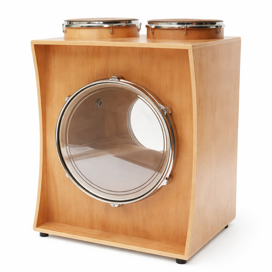 Wooden pet food dispenser with two bowls on a white background