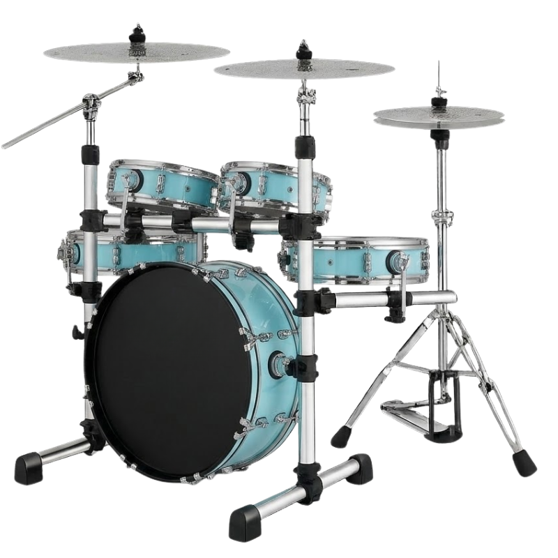 Turquoise drum set with cymbals on a white background