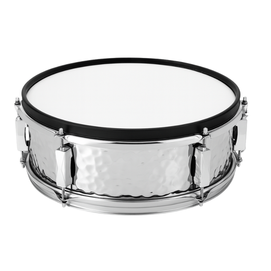 Snare drum with a metallic finish on a white background