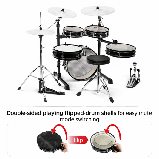 Electronic drum set with flippered-drum shells feature on a white background