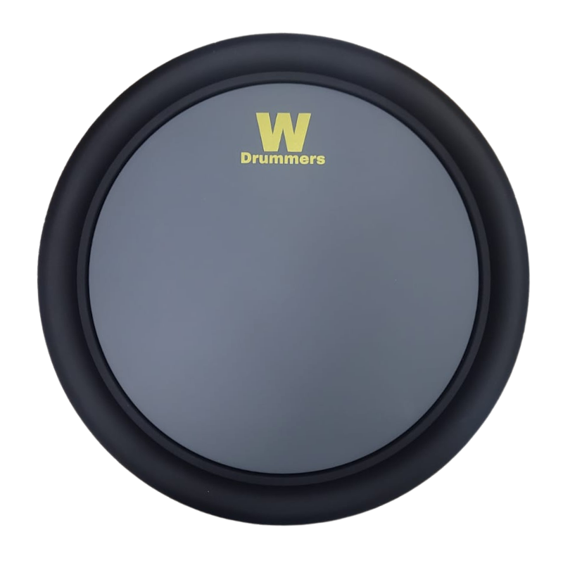 Black drum practice pad with 'W Drummers' logo on a white background